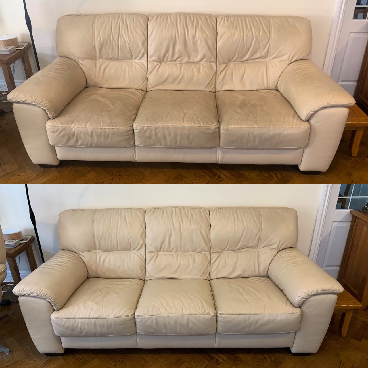 Before and after images of leather sofa cleaning from Apple Clean.